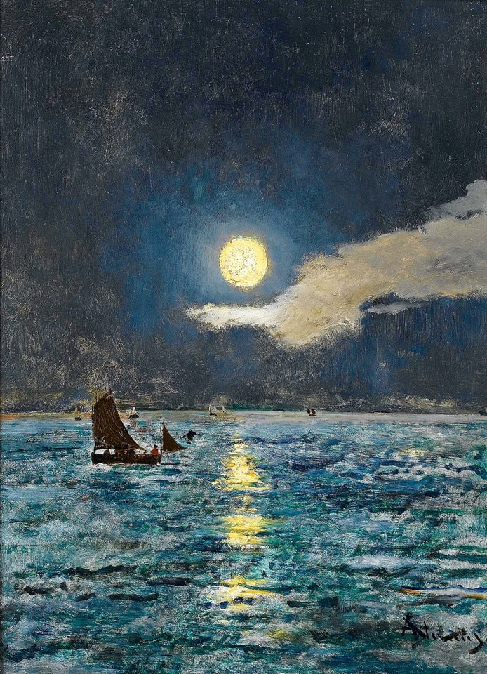 Fishing Boats in the Moonlight, vintage artwork by Alfred Émile Leopold Stevens, 12x8" (A4) Poster