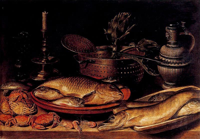 Still life of crabs, fish and artichokes, vintage artwork by Clara Peeters, 12x8" (A4) Poster