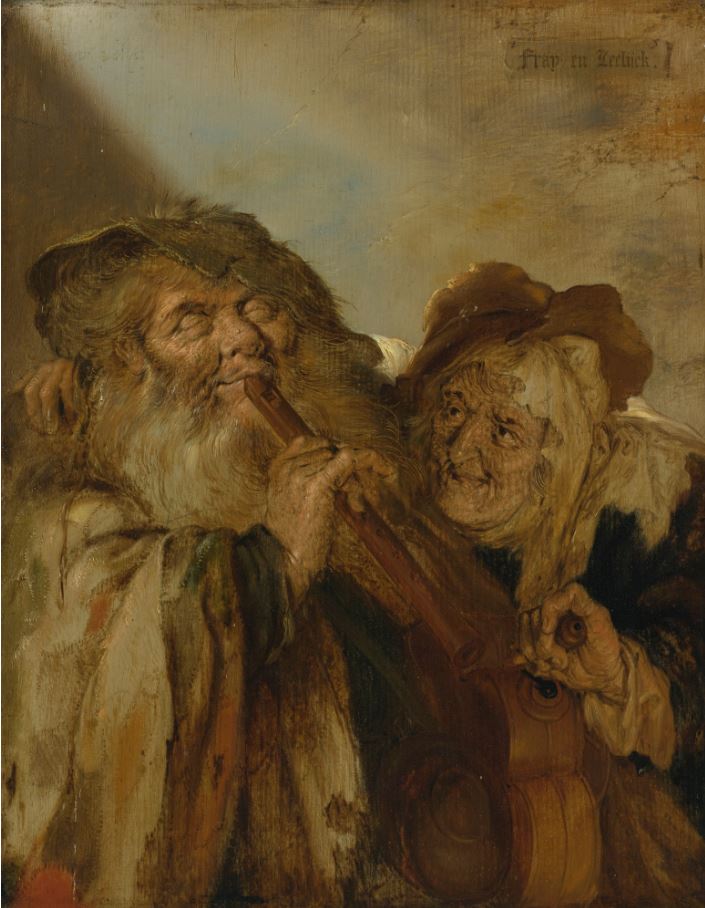 A blind man playing a flute and a peasant woman playing a hurdy-gurdy, vintage artwork by Adriaen van de Venne, 12x8" (A4) Poster
