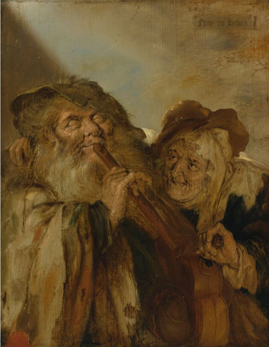 A blind man playing a flute and a peasant woman playing a hurdy-gurdy, vintage artwork by Adriaen van de Venne, 12x8" (A4) Poster