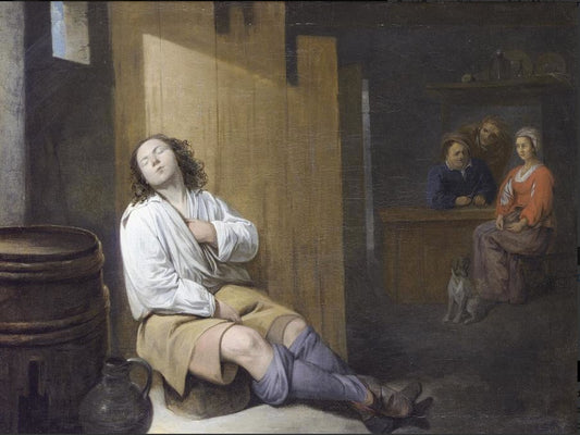 A tavern interior with a young man asleep, figures seated at a table beyond, vintage artwork by David Ryckaert III, 12x8" (A4) Poster