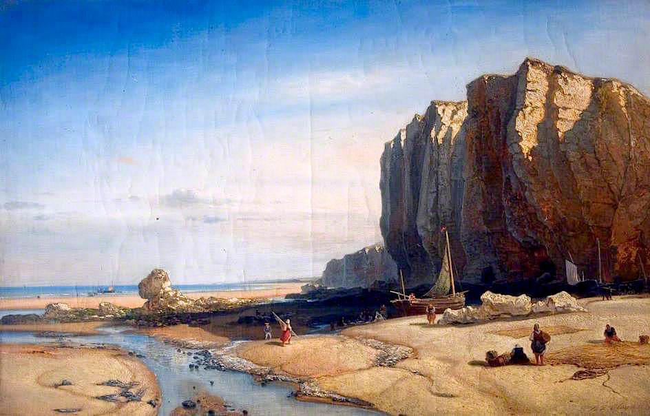 Rocky Coast with Figures and Boats, vintage artwork by Paul Jean Clays, A3 (16x12") Poster Print