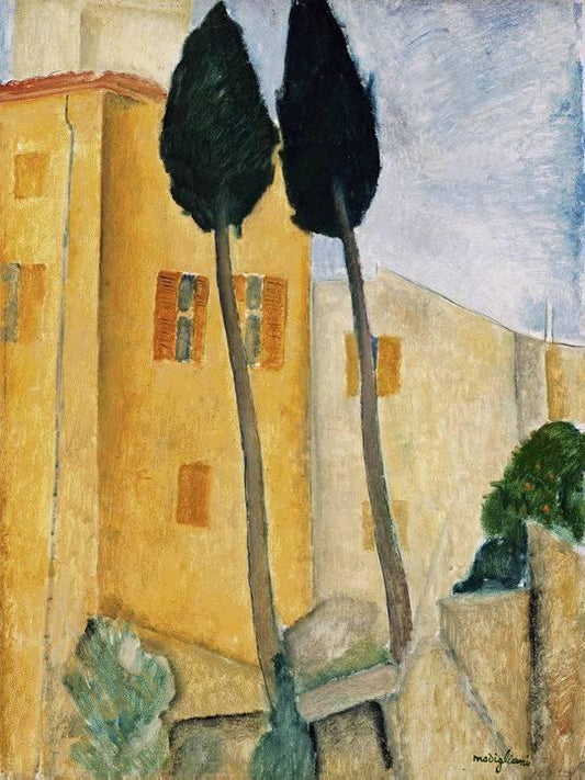 Cypress Trees and Houses, Midday Landscape, vintage artwork by Amedeo Modigliani, 12x8" (A4) Poster