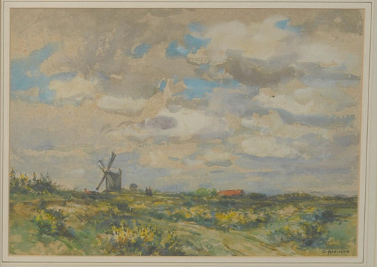 Ugthorpe Windmill with the Village Roofs Behind, Ugthorpe Moor, Near Whitby , vintage artwork by John Atkinson II, 12x8" (A4) Poster