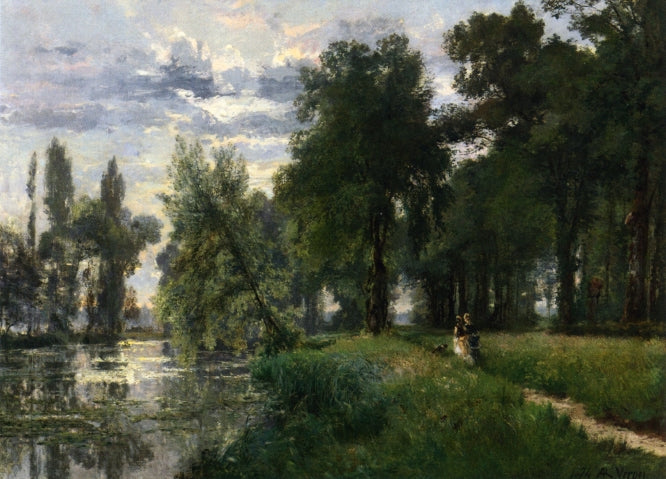 Walking by  the River, vintage artwork by Alexandre-Rene Vernon, 12x8" (A4) Poster