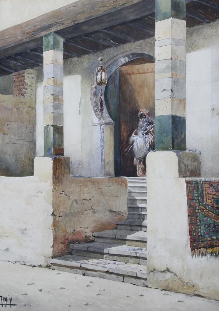 The Entrance of a Scheik House, Cairo, vintage artwork by Vittorio Rappini, 12x8" (A4) Poster