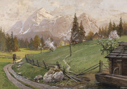 Spring Scene, vintage artwork by Georg Janny, 12x8" (A4) Poster