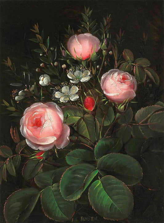 Pink roses and myrtles, vintage artwork by Johan Laurentz (J.L.) Jensen, A3 (16x12") Poster Print