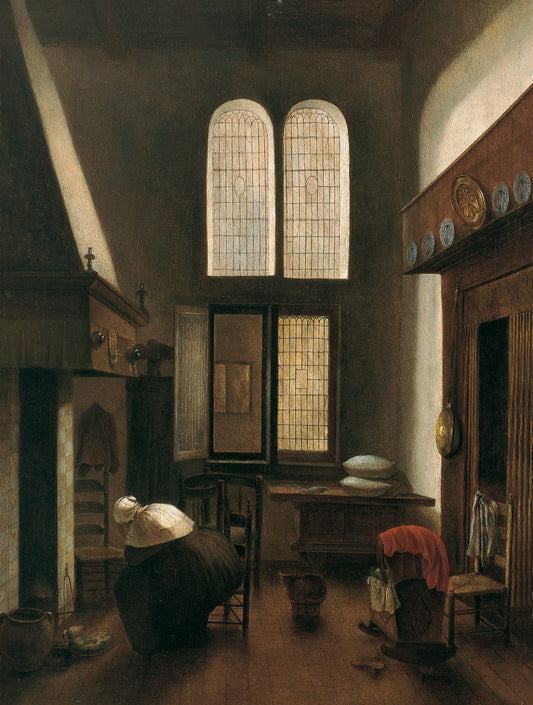 Interior Scene (Woman Seated by  a Hearth), vintage artwork by Jacobus Vrel, 12x8" (A4) Poster