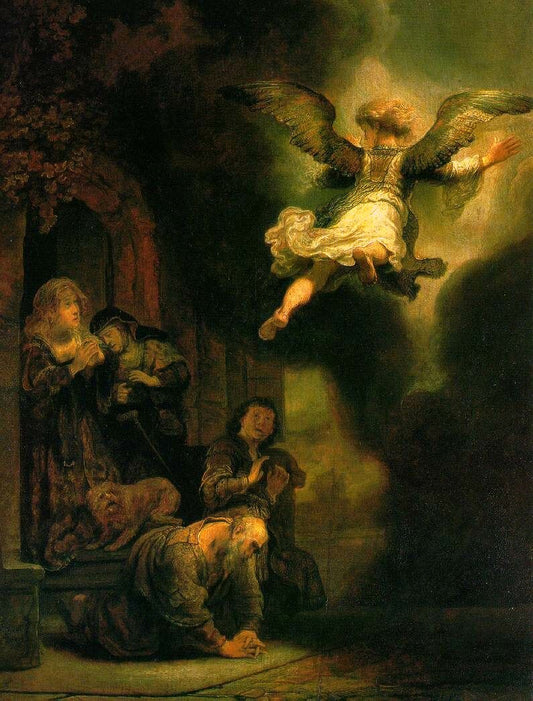 The Angel Raphael Leaving Tobit and his Family, vintage artwork by Rembrandt van Rijn, 12x8" (A4) Poster