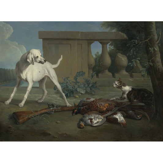 A Hound Protecting a Bag of Game from a Cat, vintage artwork by François Desportes, 12x8" (A4) Poster