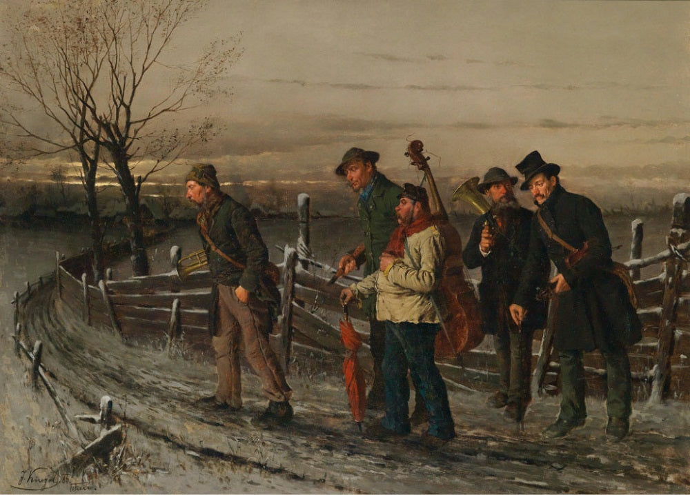 Five musicians on their way to Gasthof Thiery, vintage artwork by Josef Kinzel, 12x8" (A4) Poster