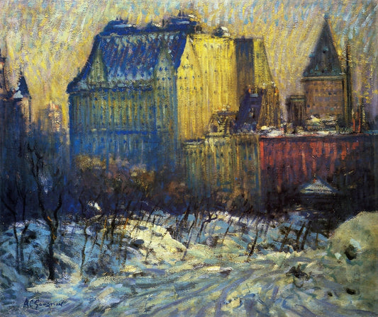 A View of the Plaza from Central Park in Winter, vintage artwork by Arthur Clifton Goodwin, 12x8" (A4) Poster
