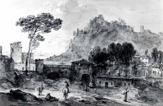 Classical Landscape: A Town and a Mountain by  the Coast, vintage artwork by Francesco Zuccarelli, 12x8" (A4) Poster