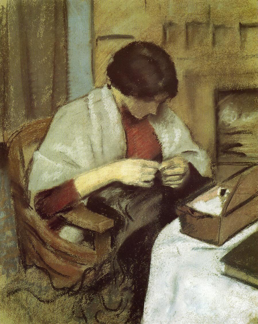 Elizabeth Gerhardt, Sewing, vintage artwork by August Macke, 12x8" (A4) Poster