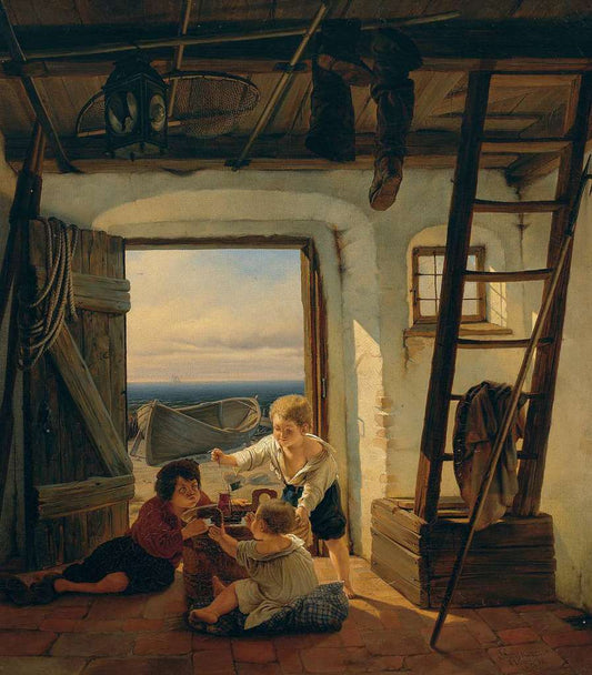 Three Children Playing, vintage artwork by Niels Simonsen, A3 (16x12") Poster Print