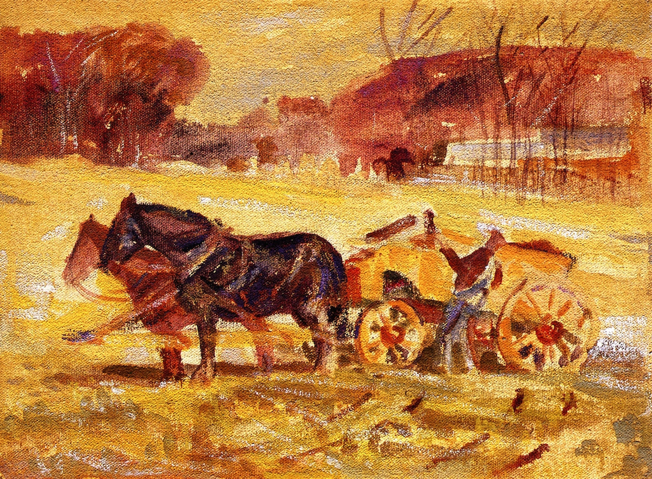 Loading the Farm Wagon, vintage artwork by Albert Henry Krehbiel, 12x8" (A4) Poster