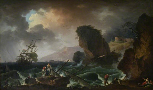 A Rocky Coast with Survivors being Retrieved from a Wreck, vintage artwork by Claude-Joseph Vernet, 12x8" (A4) Poster