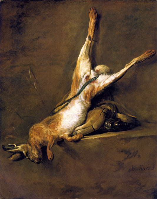 Hare with Powder Flask and Game Bag, vintage artwork by Jean-Baptiste-Simeon Chardin, 12x8" (A4) Poster