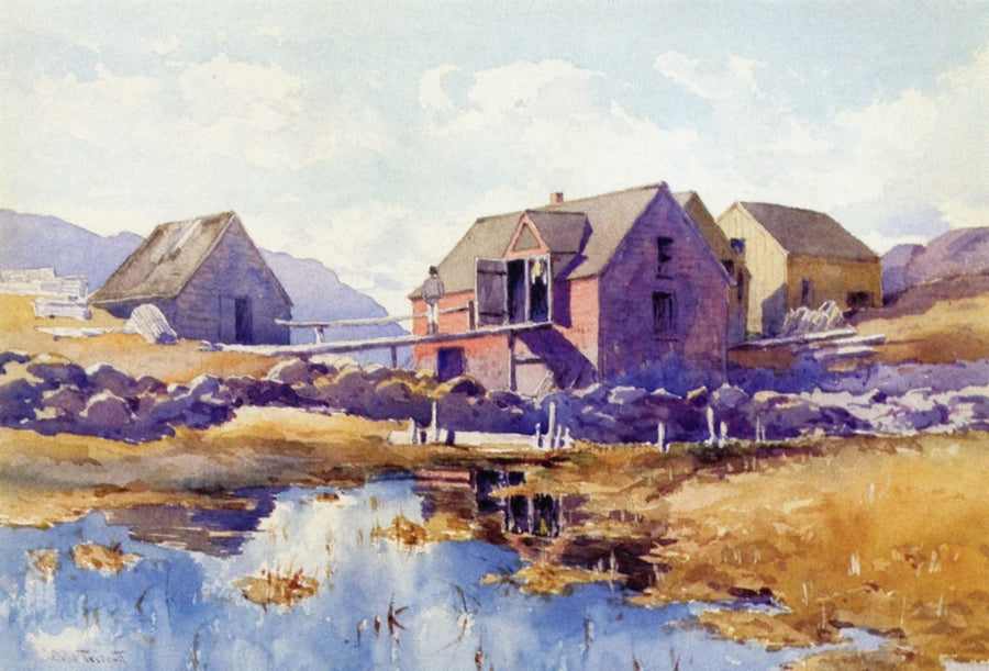Trefethren Barn, Starling Fish Houses, Monhegan Village, vintage artwork by Samuel P. R. Triscott, 12x8" (A4) Poster