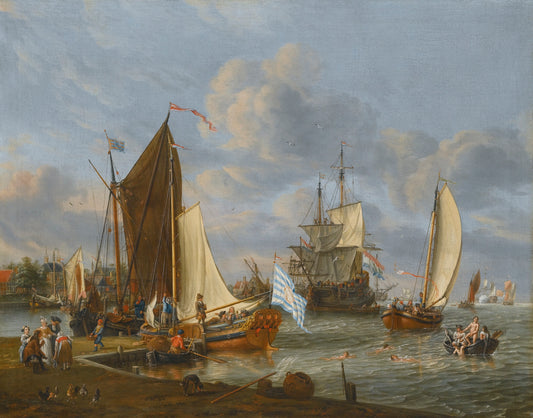 A Dutch Harbour With a Bezan Yacht And a Galjoot Moored At a Quay, vintage artwork by Abraham Jansz. Storck, 12x8" (A4) Poster