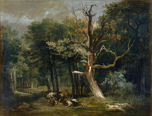 Forest scene with wolf hunt, vintage artwork by Jean-Baptiste Oudry, 12x8" (A4) Poster