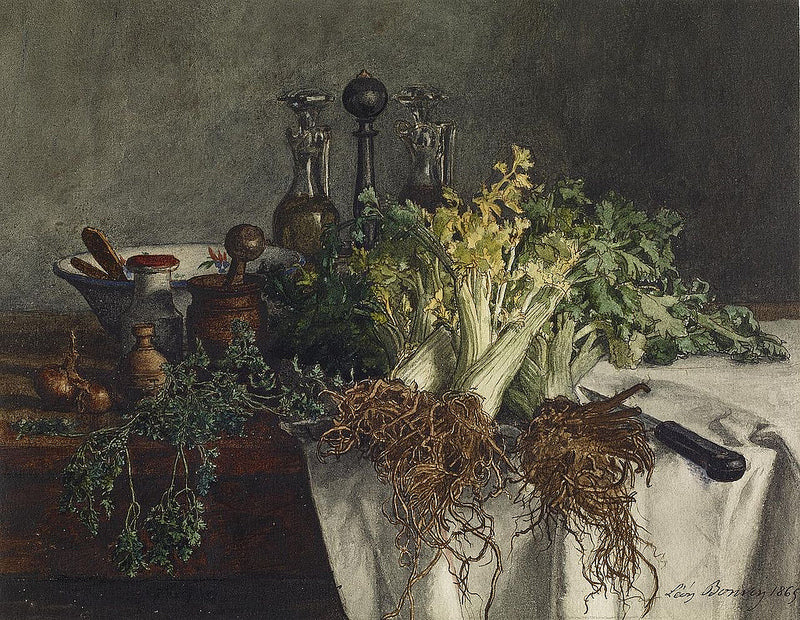 Still Life on Kitchen Table with Celery, Parsley, Bowl, and Cruets, vintage artwork by Leon Bonvin, 12x8" (A4) Poster