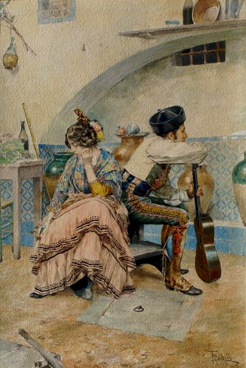 Genre scene, vintage artwork by Antonio Maria Fabres y Costa, 12x8" (A4) Poster