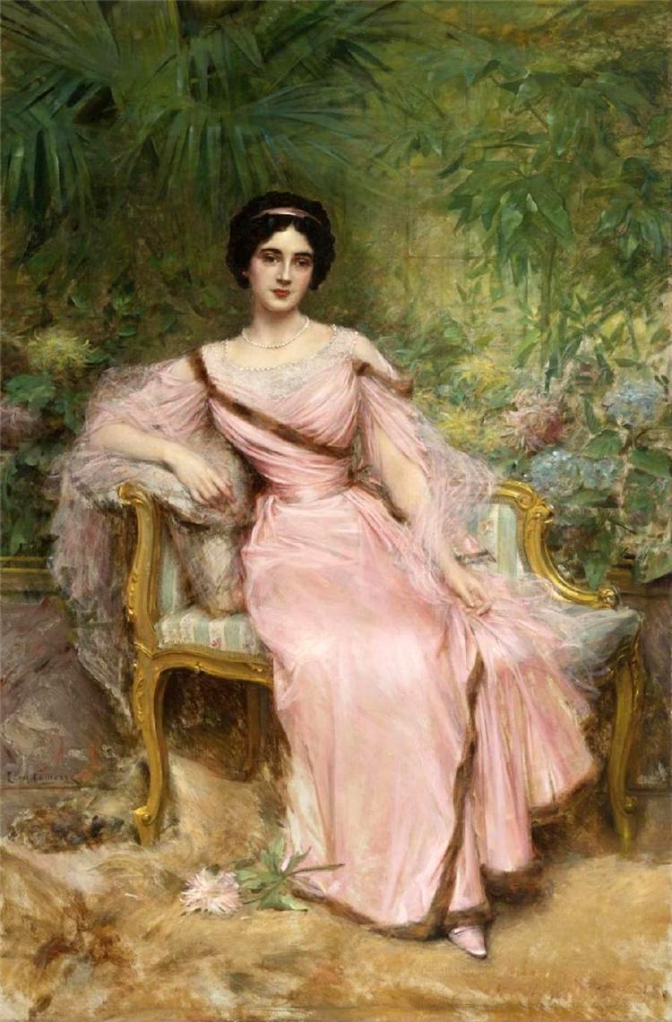 Portrait of Suzanne Hudelo, nee Armand, Sitting in a Greenhouse, vintage artwork by Leon-François Comerre, 12x8" (A4) Poster