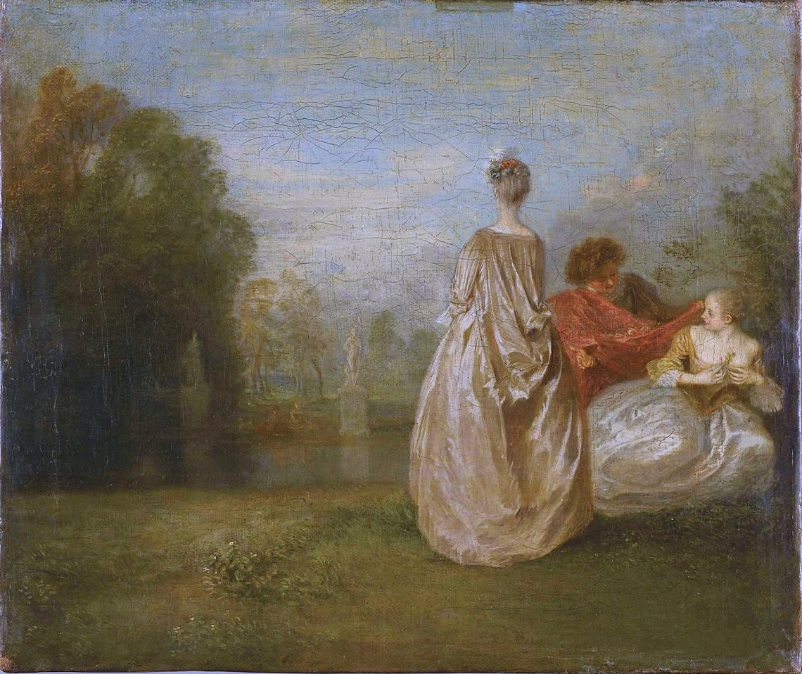 The Two Cousins, vintage artwork by Jean-Antoine Watteau, 12x8" (A4) Poster