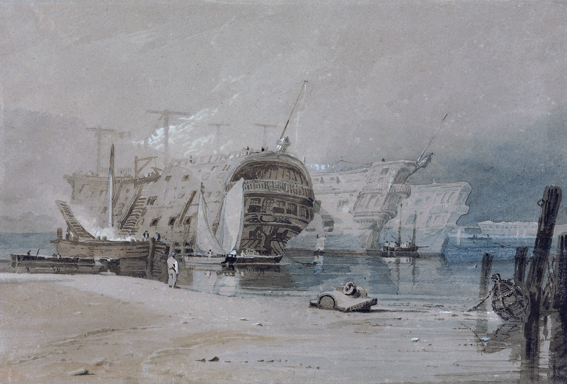 Hulks at Plymouth, vintage artwork by Samuel Prout, 12x8" (A4) Poster