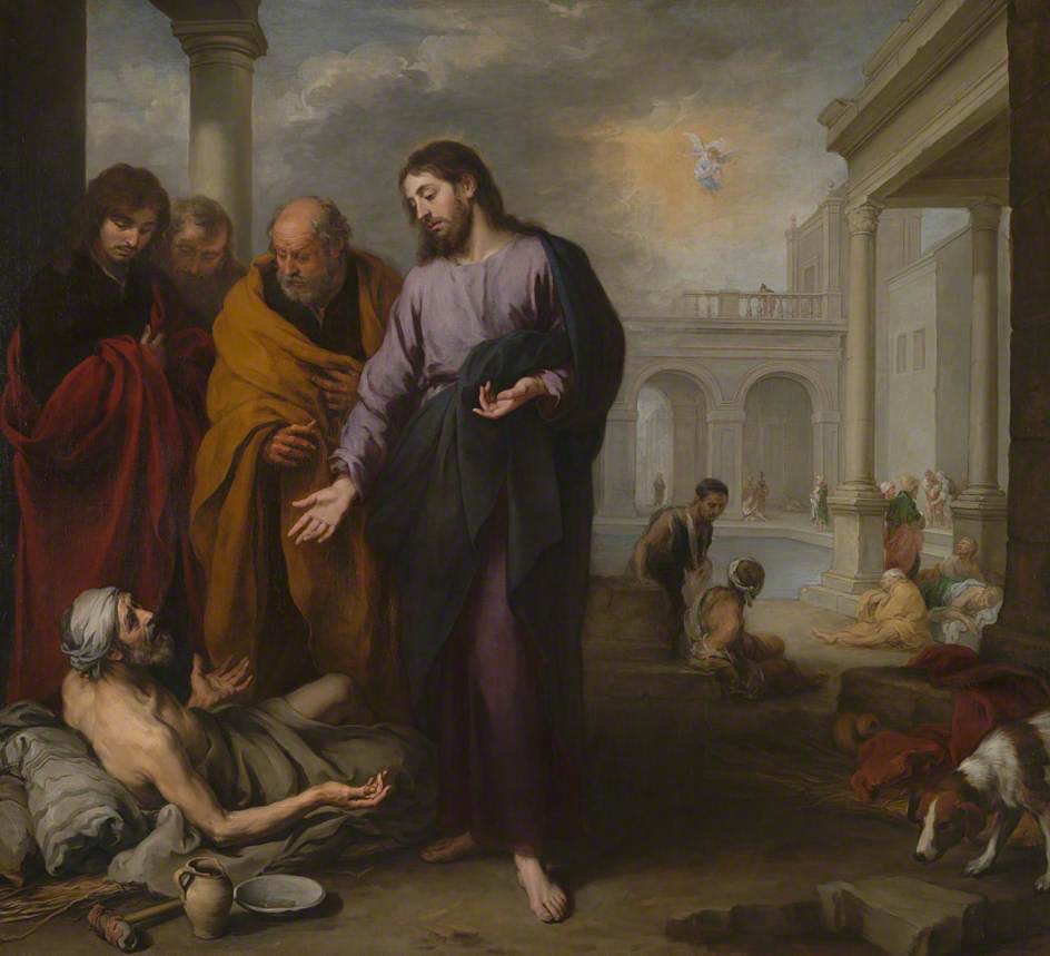 Christ Healing a Paralytic at the Pool of Bethesda, vintage artwork by Bartolome Esteban Murillo, 12x8" (A4) Poster
