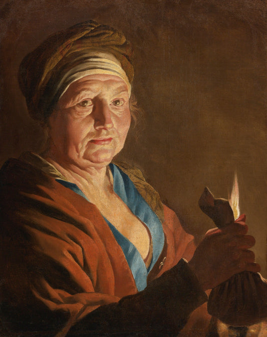 An Old Woman Holding a Purse by  Candlelight, vintage artwork by Matthias Stomer, 12x8" (A4) Poster