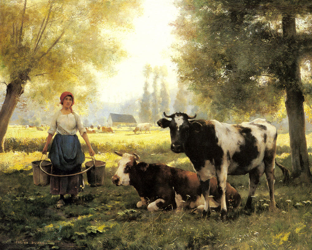 A Milkmaid with her Cows on a Summer Day, vintage artwork by Julien Dupre, 12x8" (A4) Poster