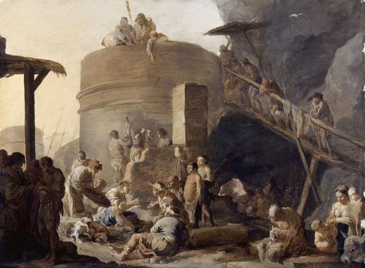 Beggars assemble beside a Lime Kiln, vintage artwork by Sebastien Bourdon, 12x8" (A4) Poster