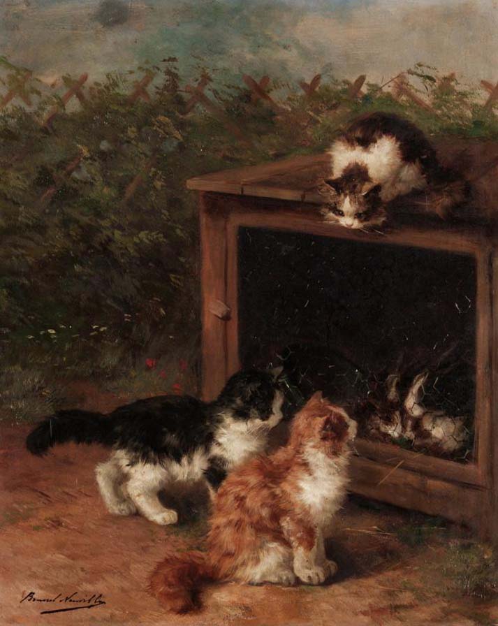 naughty kittens, vintage artwork by Alfred Brunel de Neuville, 12x8" (A4) Poster