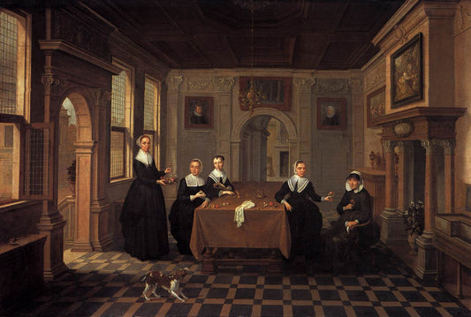 Group portrait of five women in an interior, vintage artwork by Dirck van Delen, 12x8" (A4) Poster
