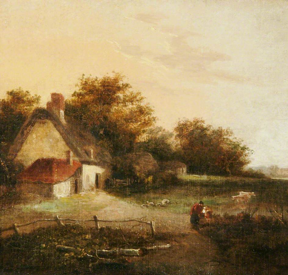 Landscape with a Cottage and Trees, vintage artwork by Attributed to John Crome, 12x8" (A4) Poster