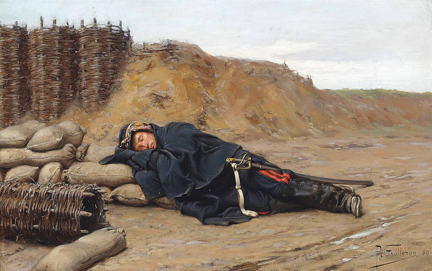 A sleeping Napoleonic soldier, vintage artwork by Paul-Louis-Narcisse Grolleron, 12x8" (A4) Poster