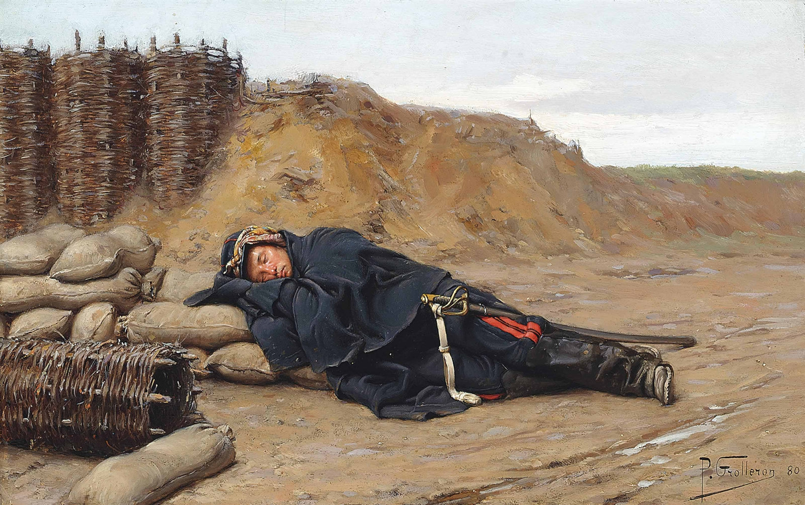 A sleeping Napoleonic soldier, vintage artwork by Paul-Louis-Narcisse Grolleron, 12x8" (A4) Poster