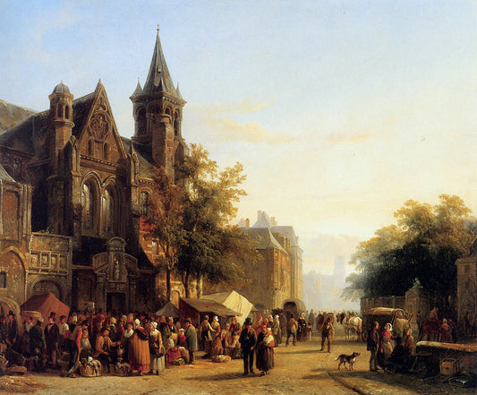 City view with figures, vintage artwork by Cornelis Springer, A3 (16x12") Poster Print