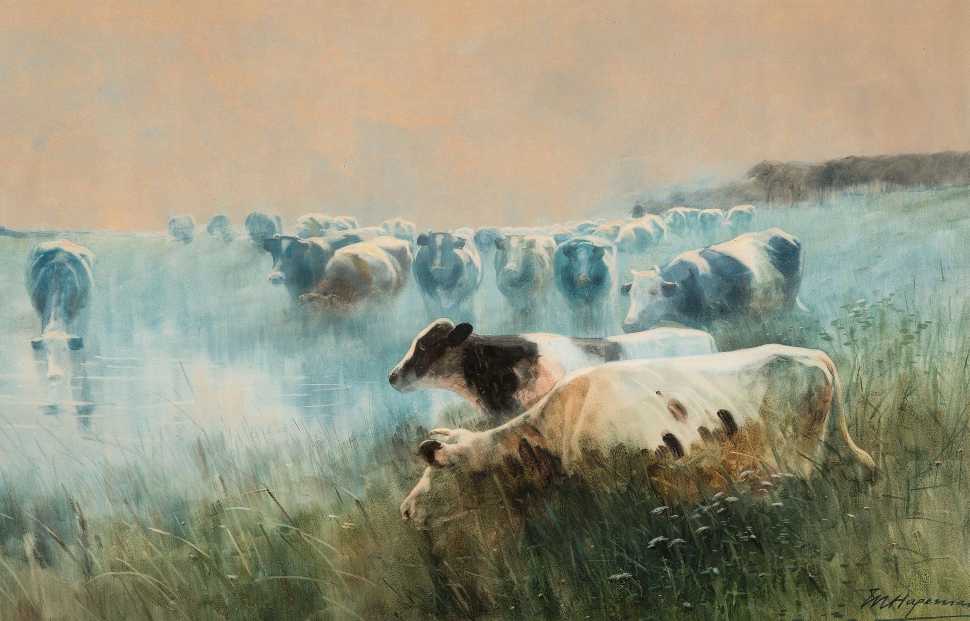 The Watering Halt in the Morning by Maurice Hagemans,A3(16x12")Poster