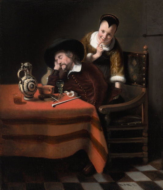 Sleeping Man Having His Pockets Picked, vintage artwork by Nicolaes Maes, 12x8" (A4) Poster