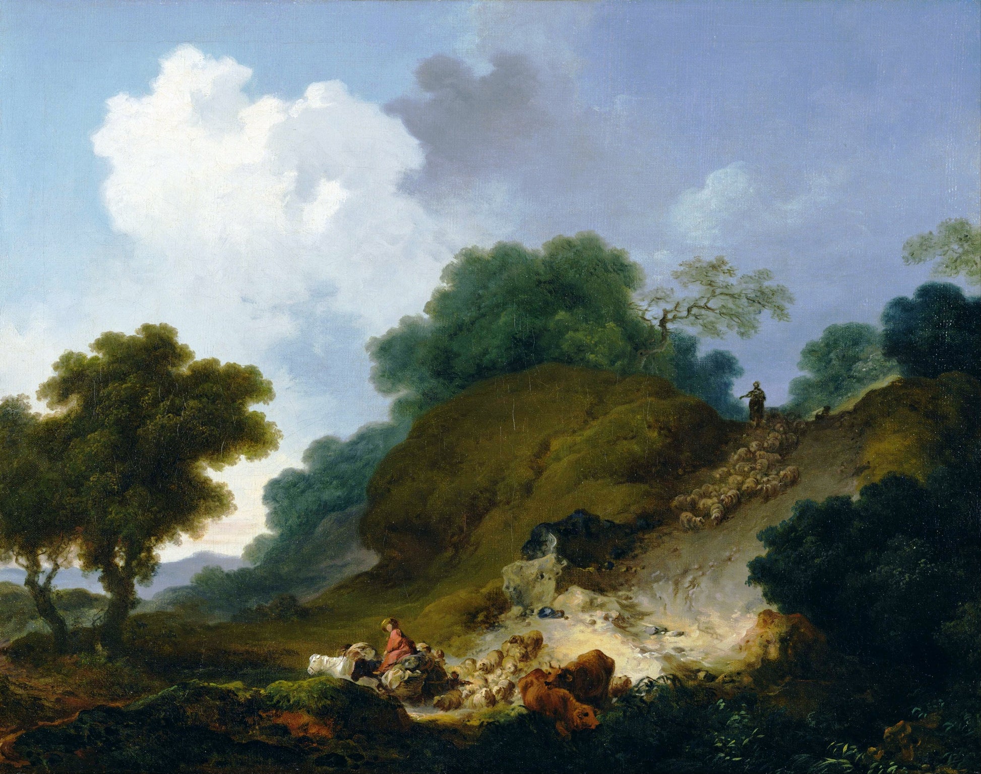 Landscape with Shepherds and Flock of Sheep, vintage artwork by Jean-Honore Fragonard, 12x8" (A4) Poster