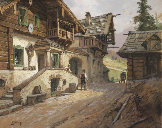 Village Road in the Alps, vintage artwork by Georg Janny, 12x8" (A4) Poster