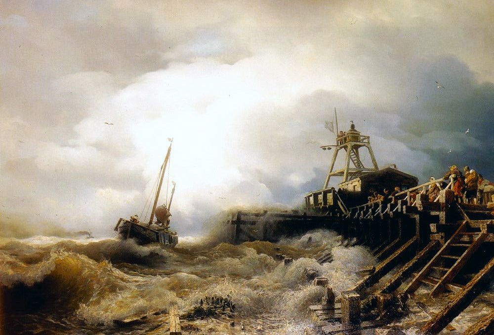 A Fishing Boat Caught in a Squall off a Jetty, vintage artwork by Andreas Achenbach, A3 (16x12") Poster Print