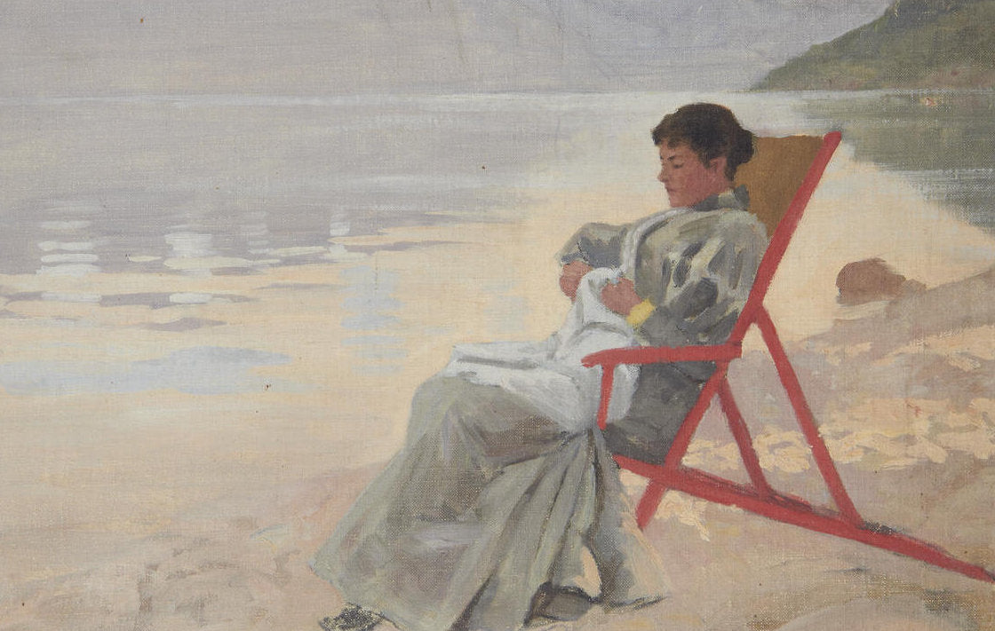 Woman in a deckchair at the water's edge, vintage artwork by Hans Dahl, 12x8" (A4) Poster