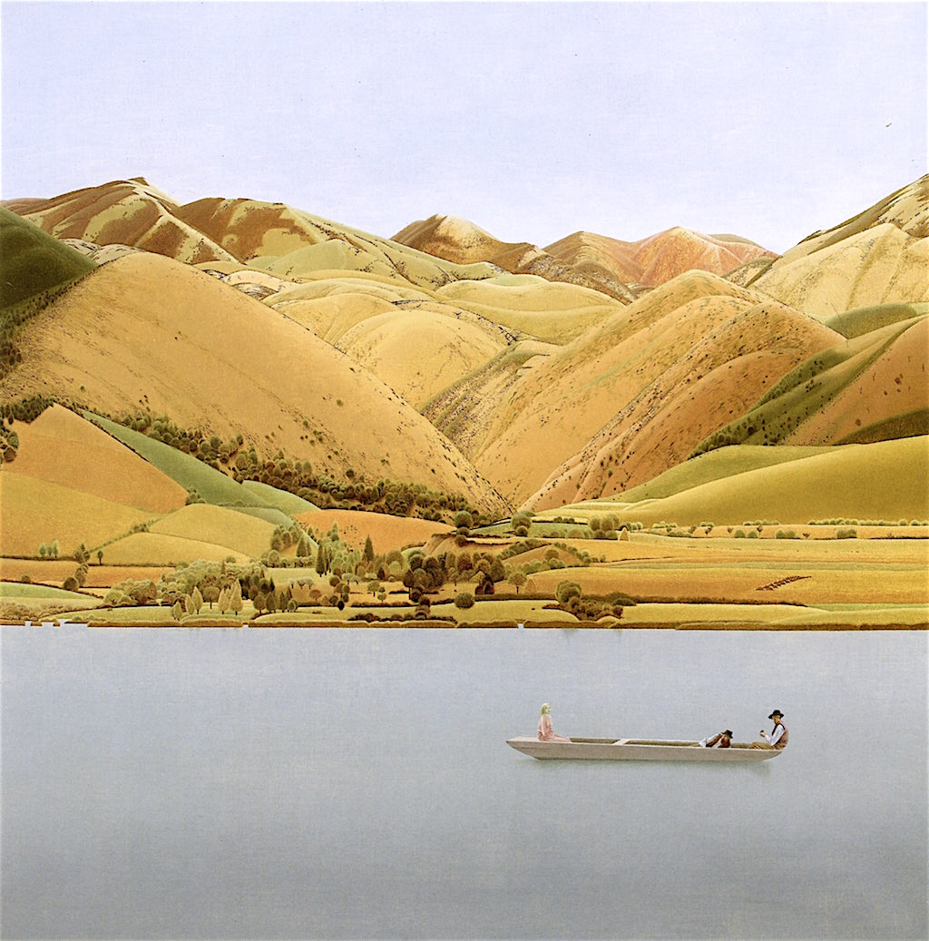 Edge of Abruzzi; Boat with Three People on a Lake, vintage artwork by Colin Unwin Gill, 12x8" (A4) Poster