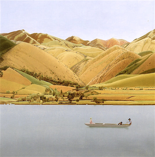 Edge of Abruzzi; Boat with Three People on a Lake, vintage artwork by Colin Unwin Gill, 12x8" (A4) Poster