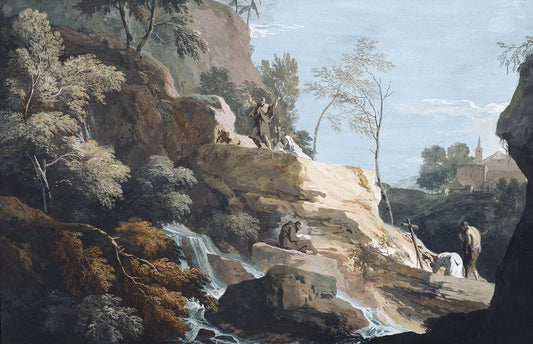 A Mountainside with Hermits, vintage artwork by Marco Ricci, 12x8" (A4) Poster